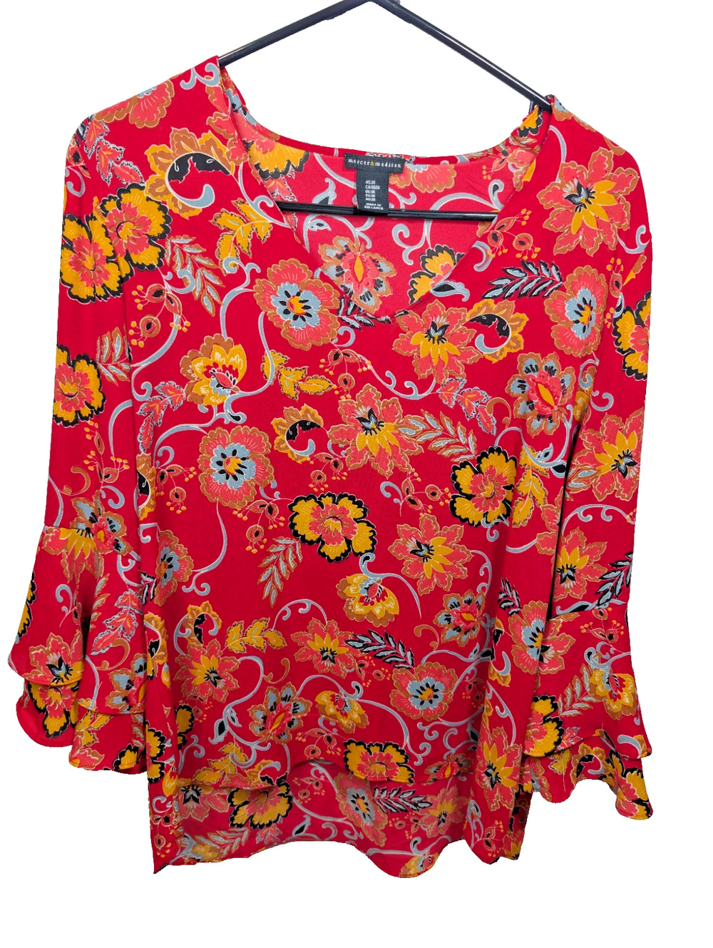 Boho Floral Bell Sleeve Blouse Top Womens Medium M Bloomcore Casual Career Shirt